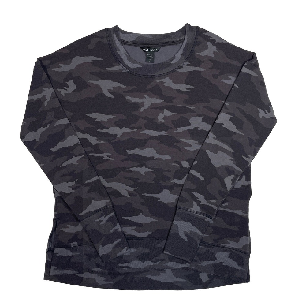 Athleta Coaster Luxe Sweatshirt Camo Lux Black Soft Slit Sides Thumbholes Small